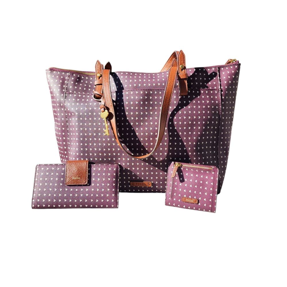 Fossil Rachel Hearts Vegan Leather Tote & BiFold Wallets Set